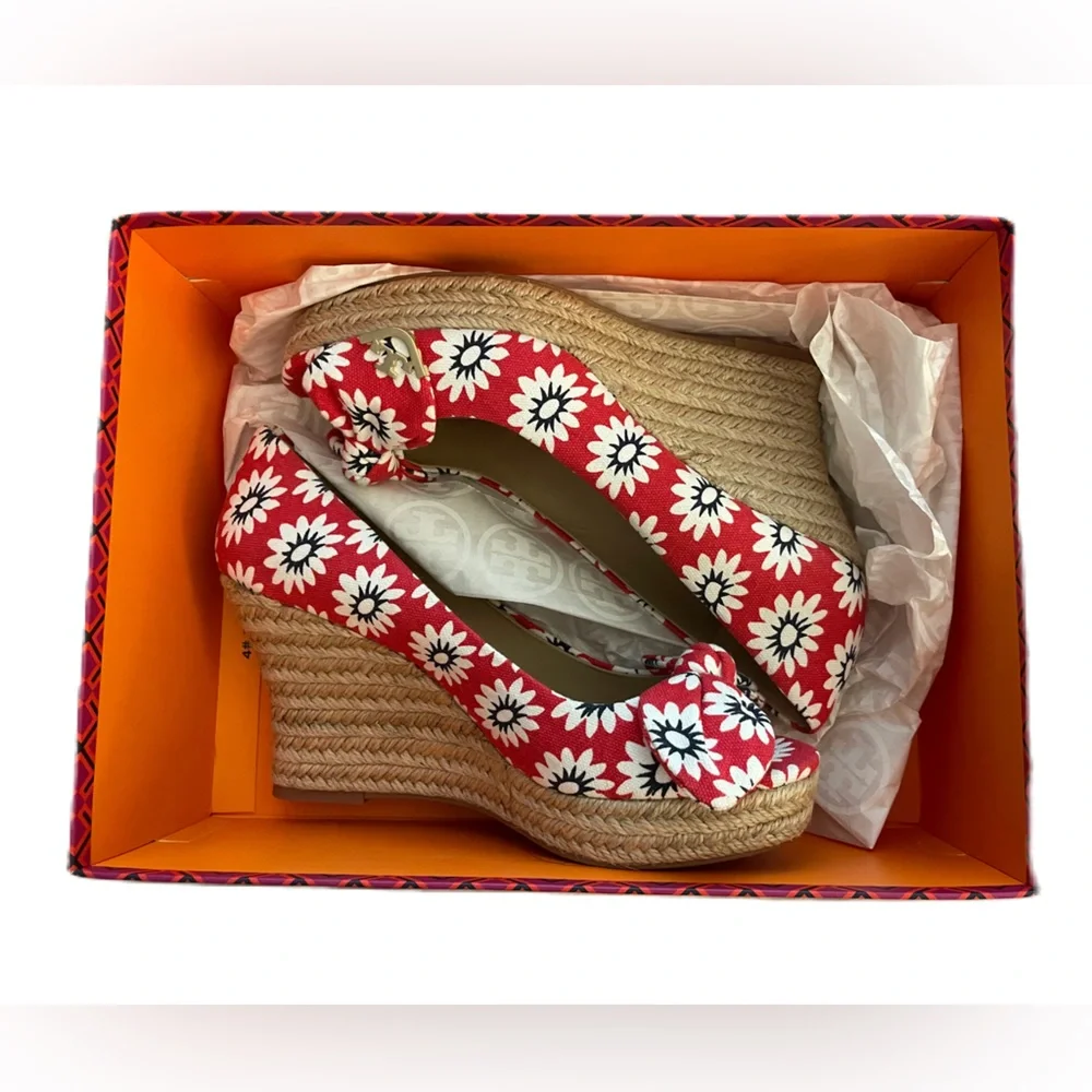 Tory Burch Dory Nantucket Red Navy Sea White Primrose Peep Toe Espadrille Wedges - Picture 5 of 15